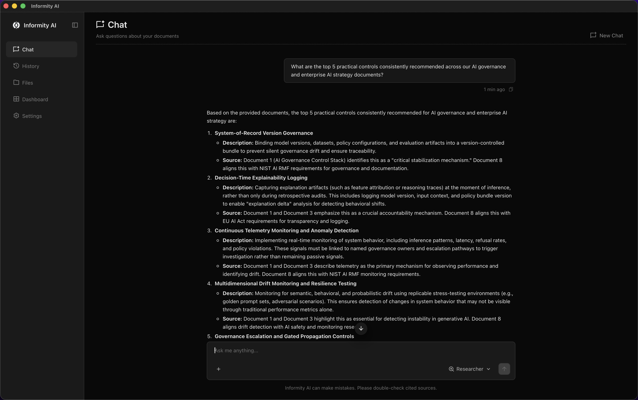 Informity AI chat interface showing source-cited answers
