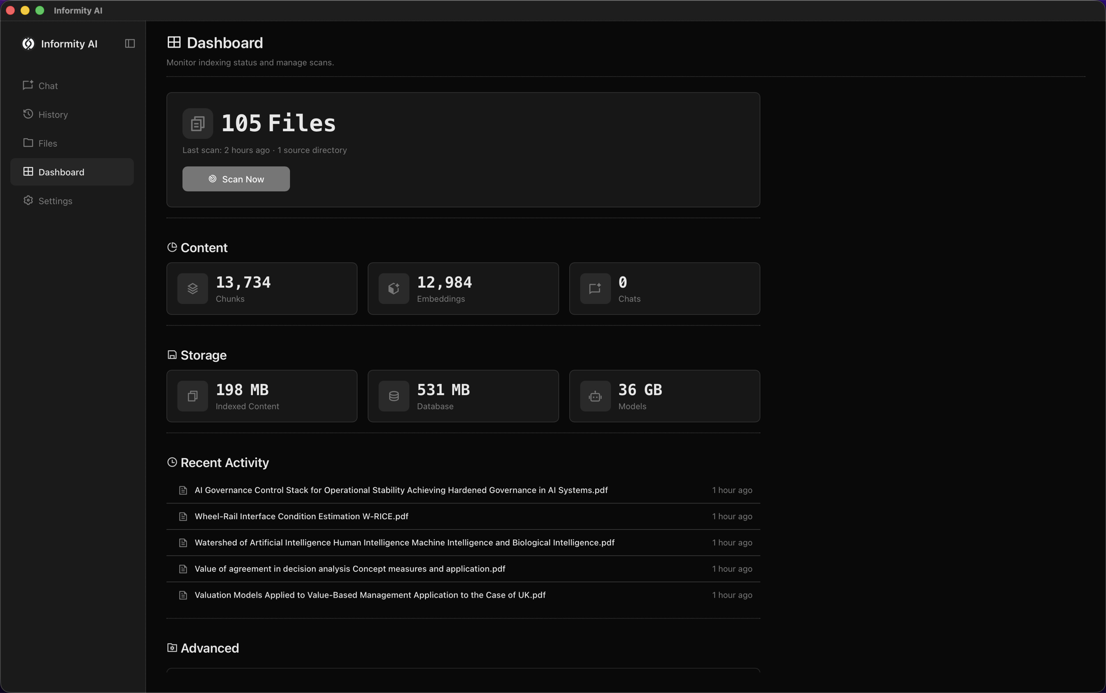Dashboard showing index status and stats