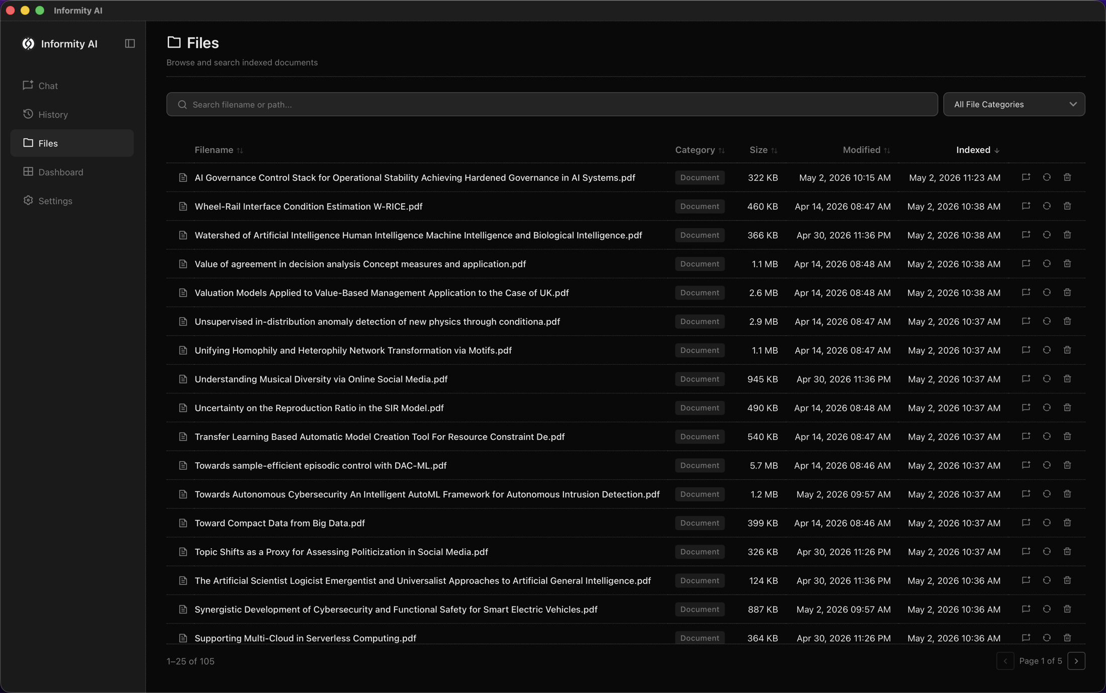 Files view showing indexed documents